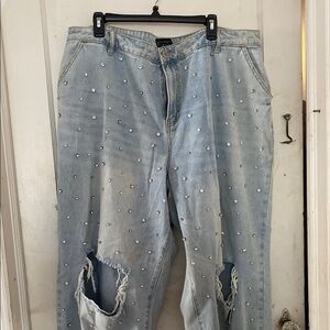 Eloquii Blue Boyfriend Jeans with Distressed Artistic Flair